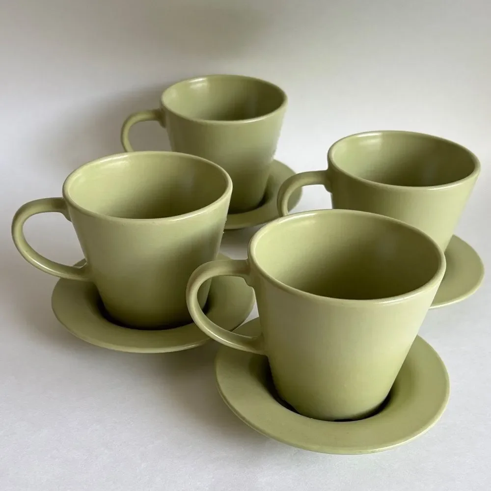 IKEA Set of 4 Dinera Green Matte Stoneware Cups and Saucers